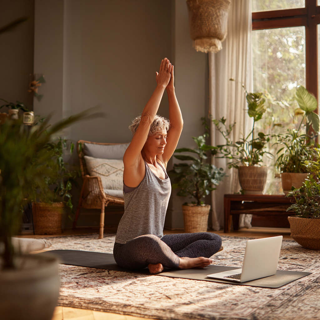 Жінка 52 років займається йогою вдома перед ноутбуком, виконуючи позу воїна в затишній вітальні з рослинами