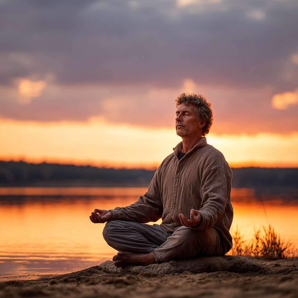 Чоловік 58 років сидить у позі лотоса на березі озера під час медитації на світанку з закритими очима